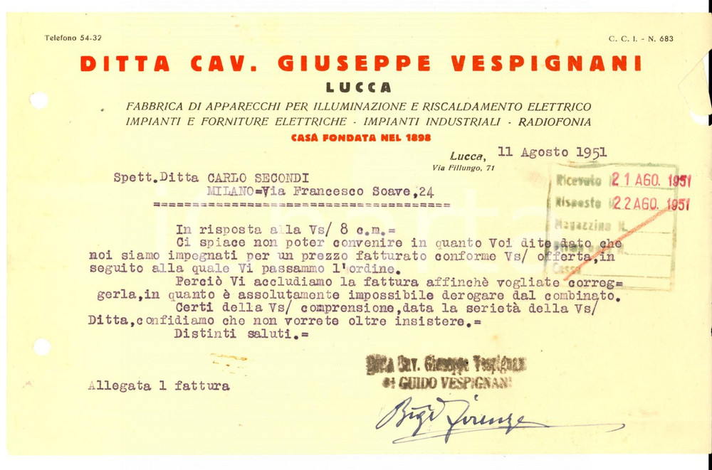 Manoscritto, lettera originale 1951 LUCCA Ditta Cav. Giuseppe VESPIGNANI Illuminazione Lettera commerciale 1
