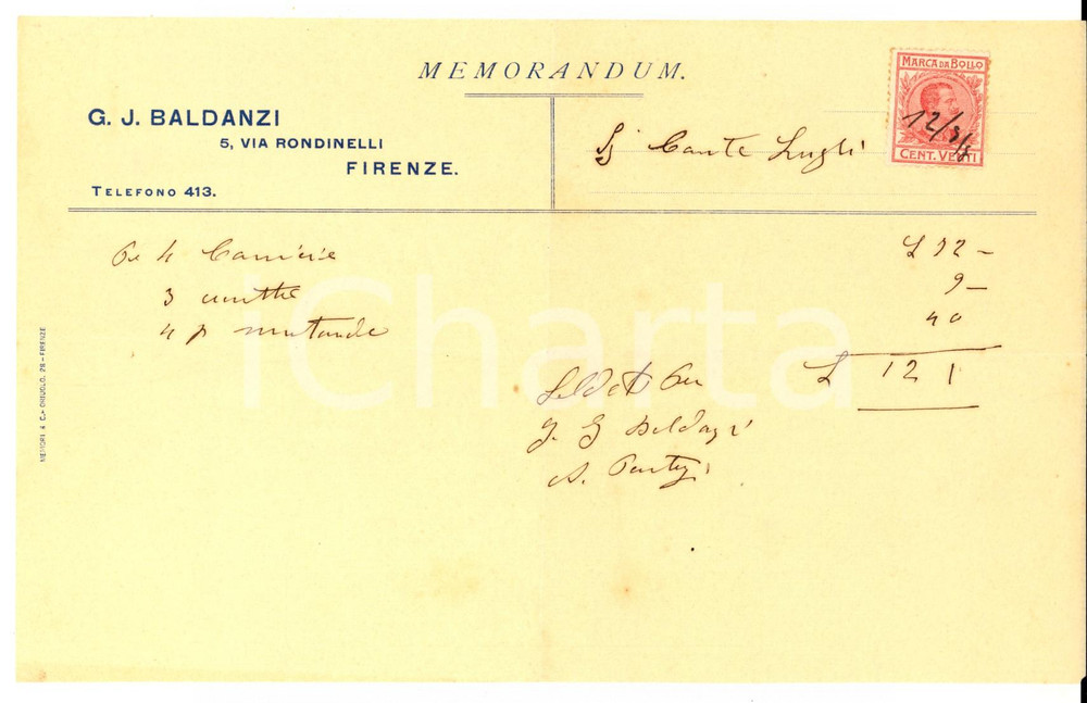 Documento originale, autentico 1908 FIRENZE Ditta G. J. BALDANZI  Memorandum per confezioni sartoria 1