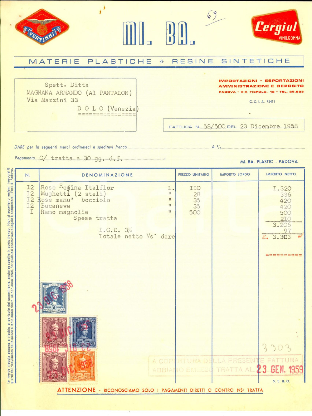 Documento originale, autentico 1959 PADOVA Ditta MI. BA. Materie plastiche e resine Fattura intestata 1