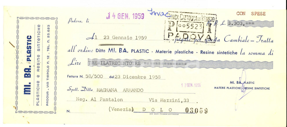 Documento originale, autentico 1959 PADOVA Ditta MI. BA. Materie plastiche e resine Assegno pubblicitario 1