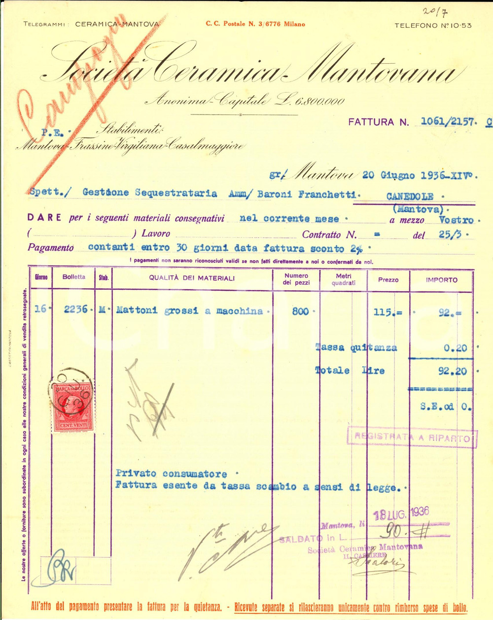 Documento originale, autentico 1936 MANTOVA Società Ceramica mantovana Fattura per mattoni 1 1