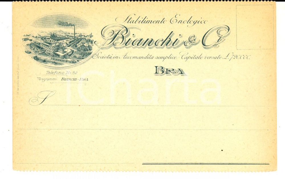 Documento originale, autentico 1900 ca BRA CN Stabilimento enologico BIANCHI & Ci Biglietto pubblicitario 1