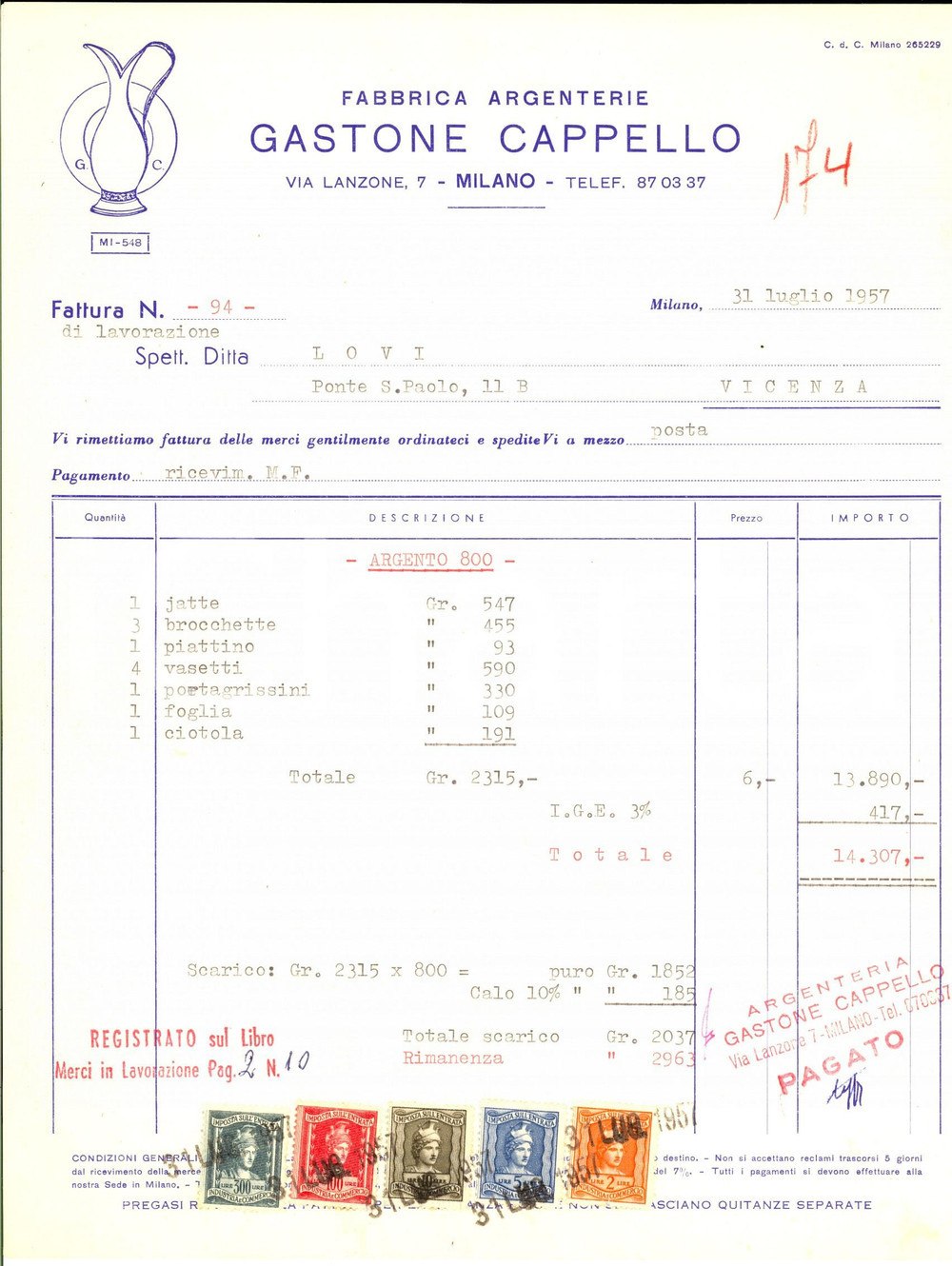Documento originale, autentico 1957 MILANO Fabbrica argenterie Gastone CAPPELLO Fattura intestata con bolli 1