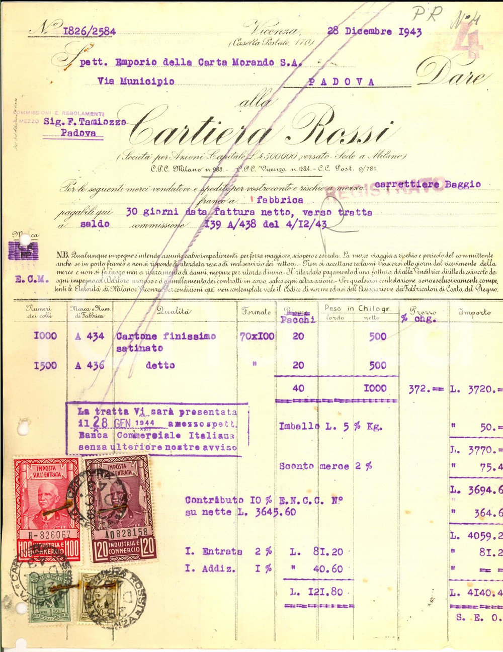 Documento originale, autentico 1943 VICENZA Cartiera ROSSI Fattura intestata per cartone con bolli 1