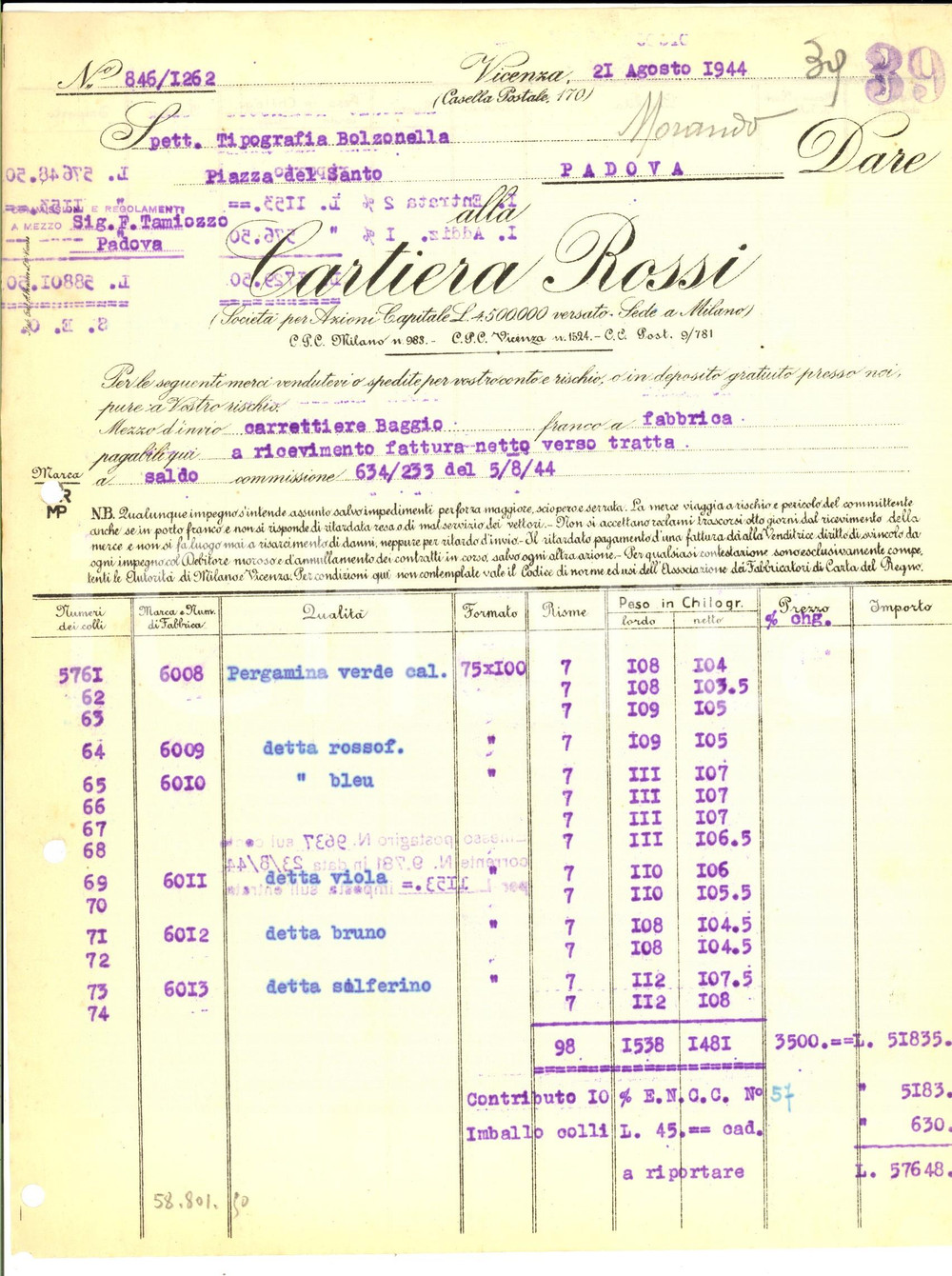 Documento originale, autentico 1944 VICENZA Cartiera ROSSI Fattura intestata per pergamina 1