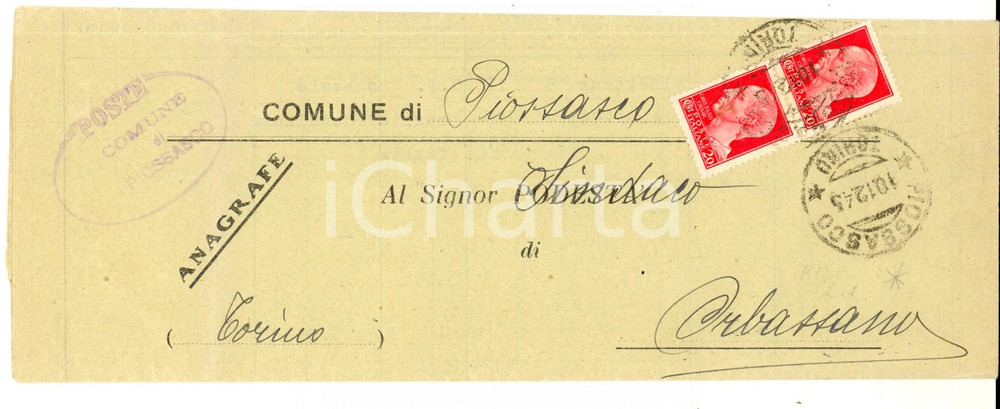 Cartolina originale da collezione 1945 PIOSSASCO STORIA POSTALE REPUBBLICA Affrancatura striscia 20 cent. Cesare 1