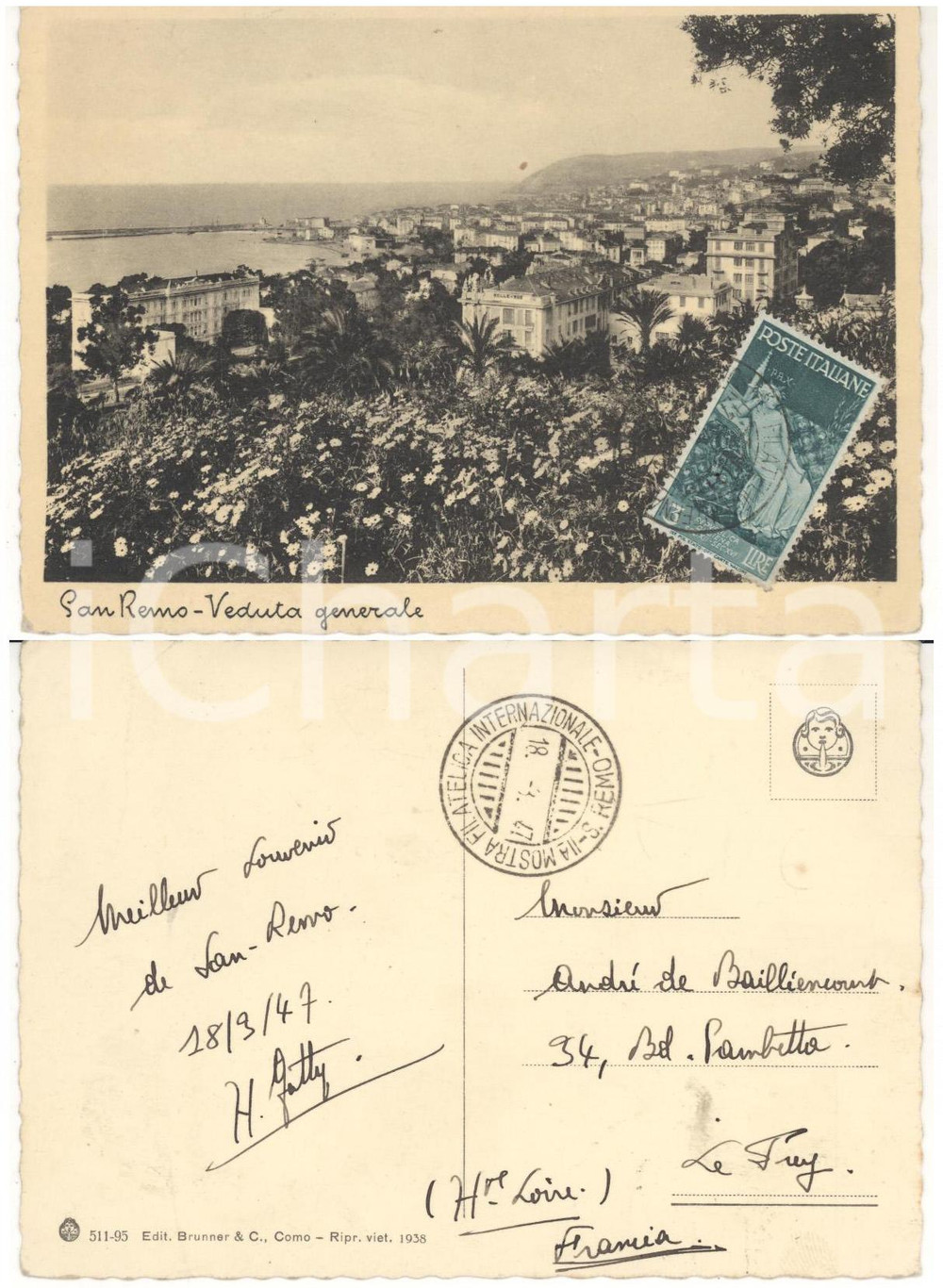 Cartolina originale da collezione 1947 STORIA POSTALE SANREMO Veduta Cartolina H. GATTY Annullo Mostra Filatelica 1