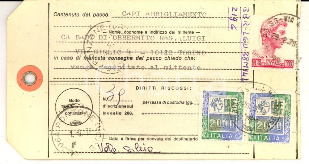 Cartolina originale da collezione 1979 STORIA POSTALE REPUBBLICA Bollettino pacco L. 1000 +  striscia L. 2000 1