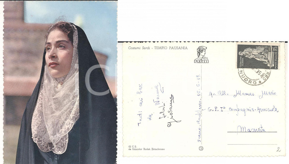 1959 TEMPIO PAUSANIA Costumi sardi - Cartolina affrancata L. 15 BYRON FG VG