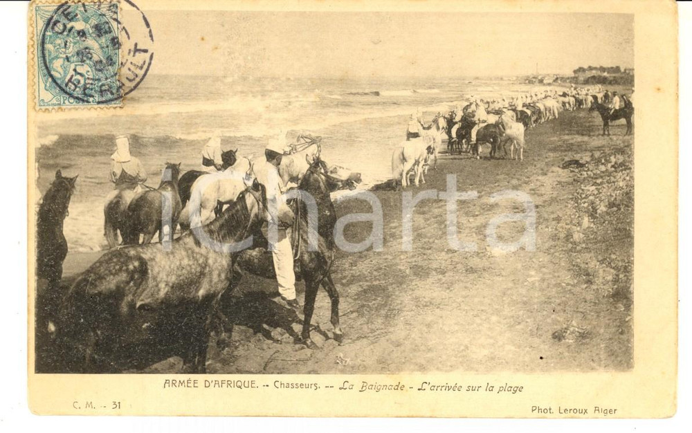 Cartolina originale da collezione 1904 ARMEE D AFRIQUE  Chasseurs  La Baignade  ArrivÃ©e Carte postale 1