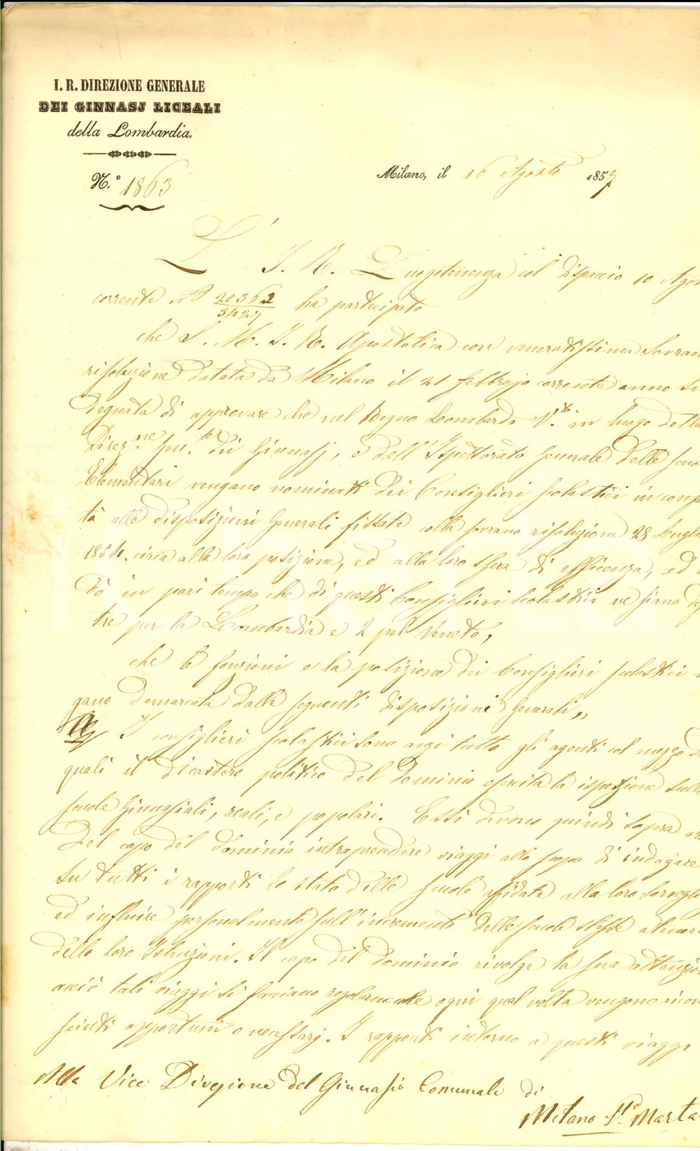 Documento originale, autentico 1857 MILANO GINNASI LICEALI Lettera sulla nomina dei consiglieri scolastici 1