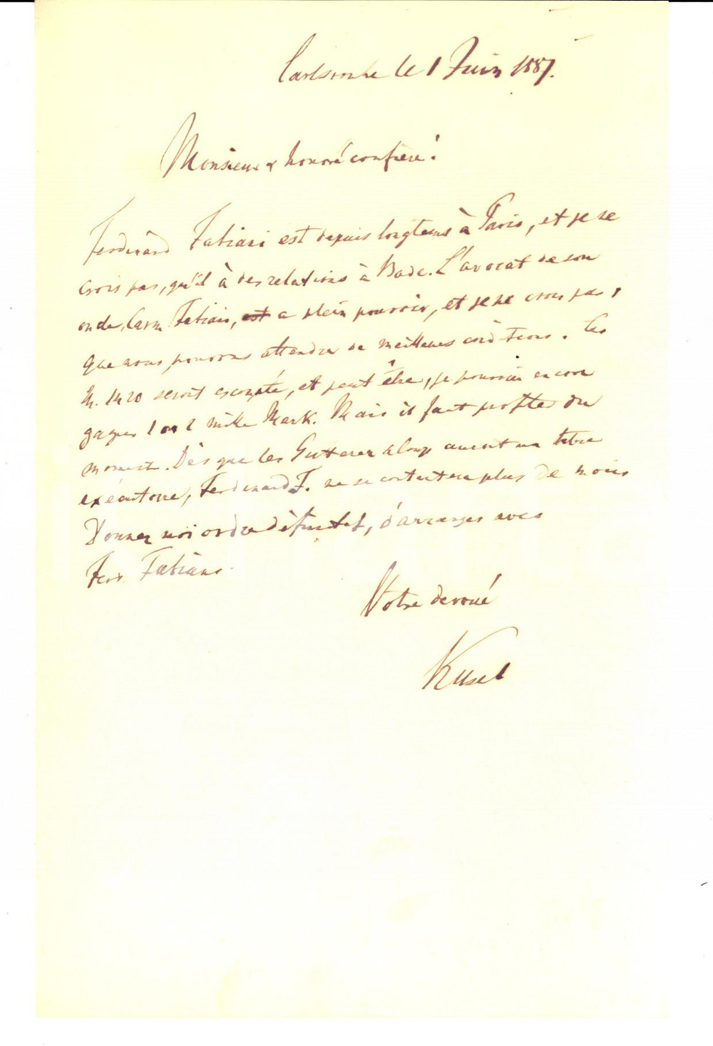 Manoscritto, lettera originale 1887 KARLSRUHE D Avvocato Rudolph KUSEL sulla posizione di Ferdinand FABIANI 1