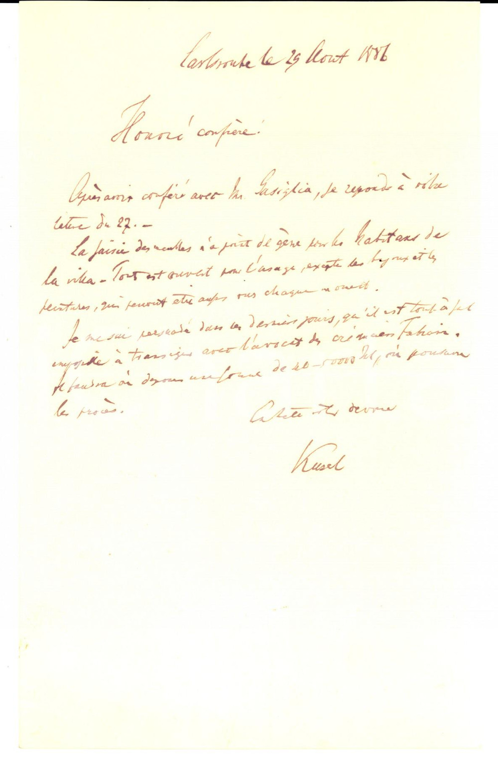 Manoscritto, lettera originale 1886 KARLSRUHE D Avvocato Rudolph KUSEL sullo sgombero dei mobili di una villa 1
