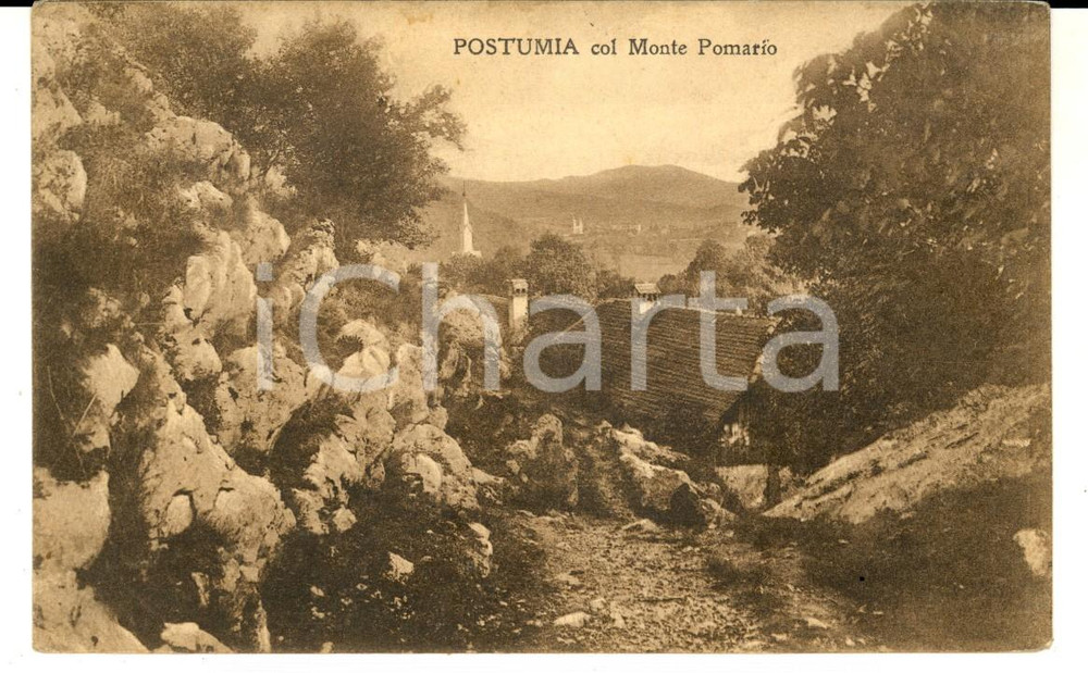 Cartolina originale da collezione 1927 POSTUMIA SLOVENIA Veduta con il monte POMARIO Cartolina FP VG 1