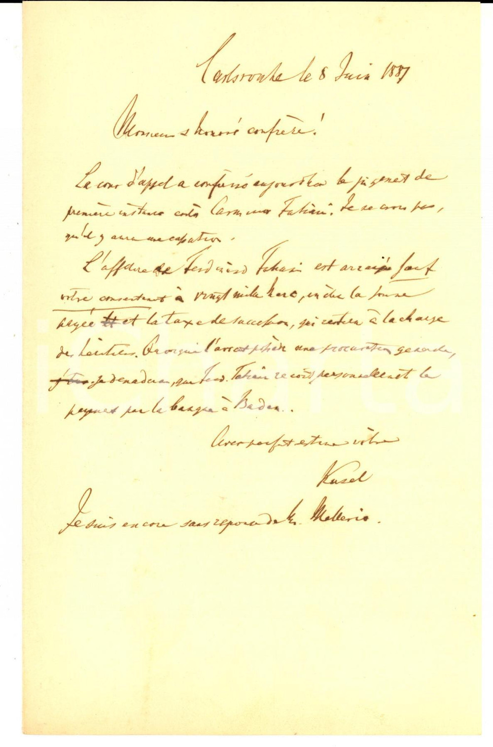 Manoscritto, lettera originale 1887 KARLSRUHE D Avvocato Rudolph KUSEL sul caso di Ferdinand FABIANI 1