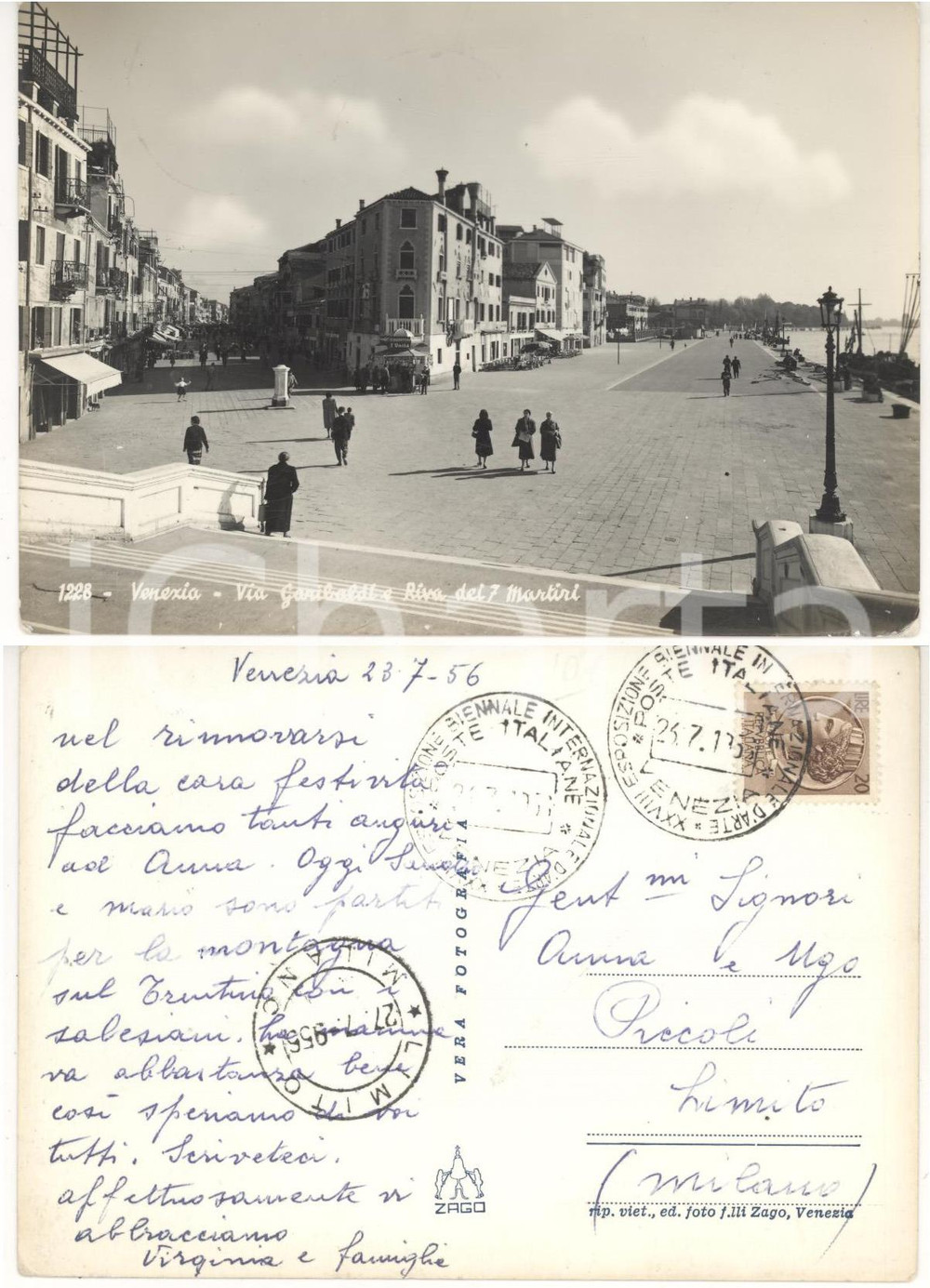 Cartolina originale da collezione 1956 STORIA POSTALE VENEZIA Via Garibaldi Cartolina annullo XXVIII Biennale FG 1