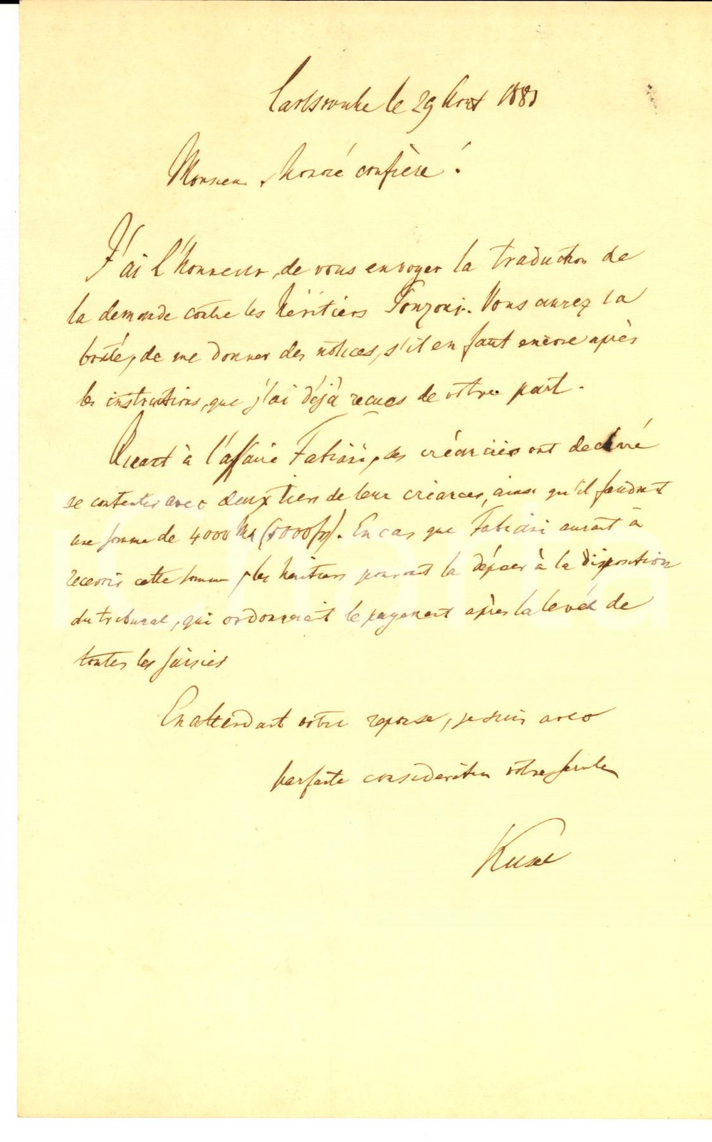 Manoscritto, lettera originale 1883 KARLSRUHE D Avvocato Rudolph KUSEL sui creditori di Ferdinand FABIANI 1
