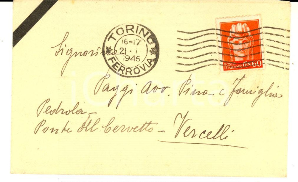 Cartolina originale da collezione 1946 STORIA POSTALE REPUBBLICA TORINO Busta affrancatura 60 cent. Italia turrita 1