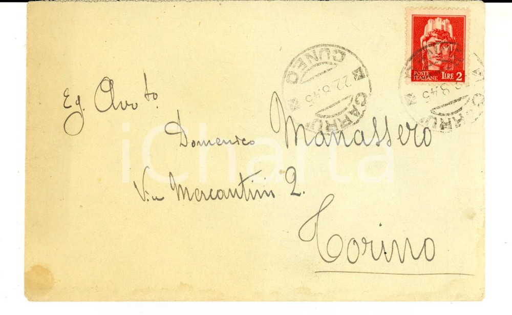 Cartolina originale da collezione 1945 STORIA POSTALE  Busta affrancatura L. 2 Italia turrita filigrana ruota 1