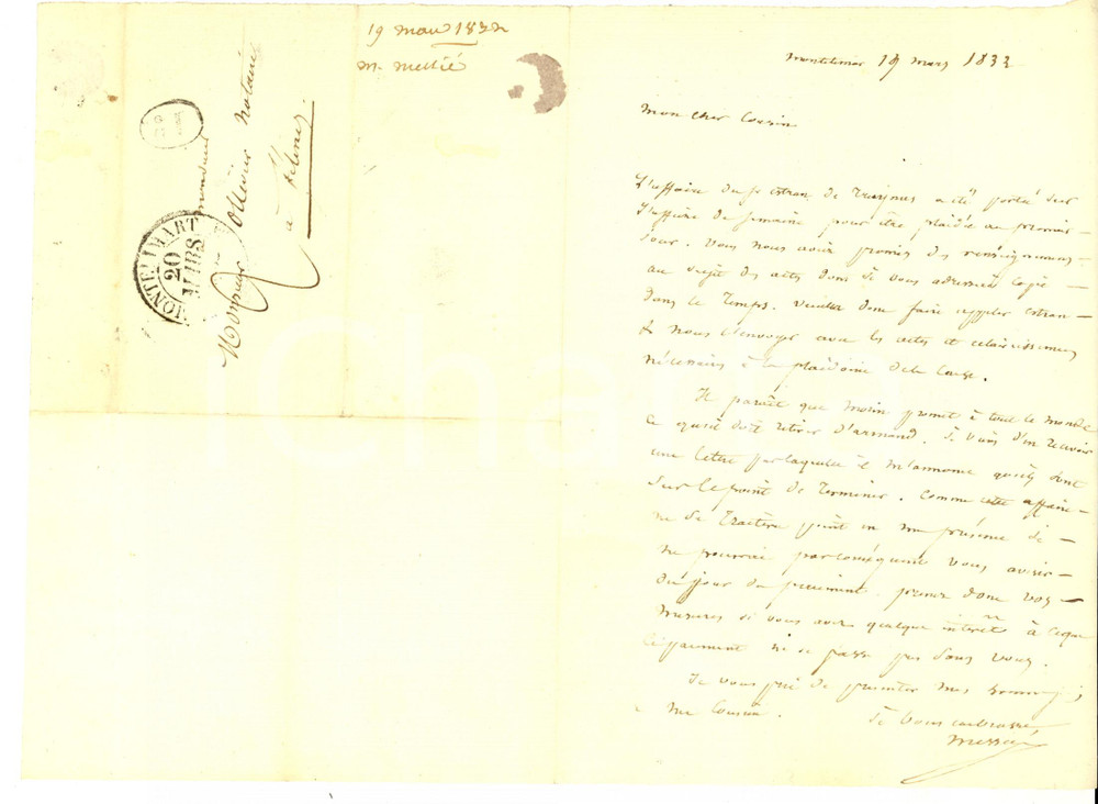 Manoscritto, lettera originale 1833 MONTELIMAR F Lettera al notaio OLLIVIER dal cugino MESSIER per causa 1