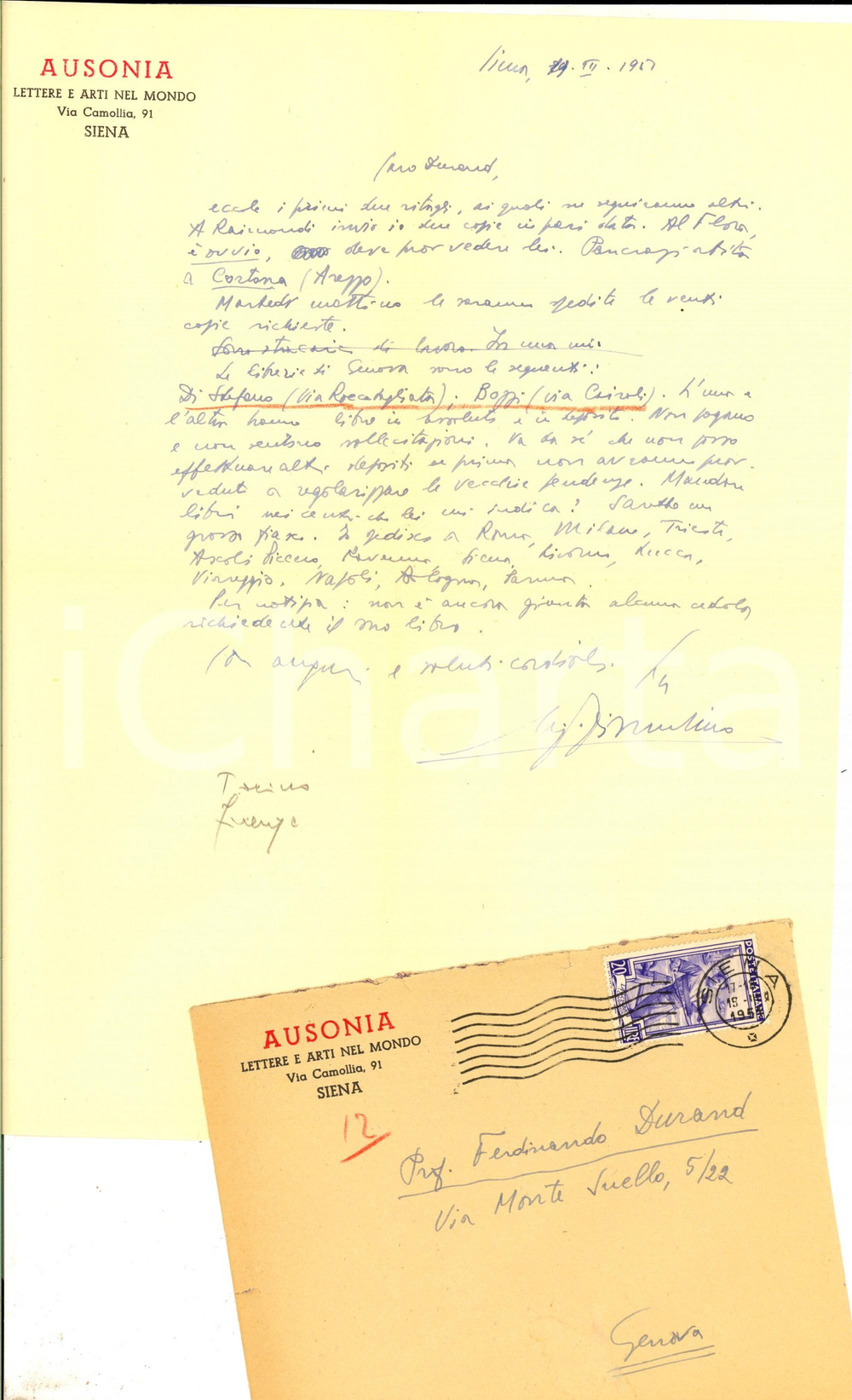 Autografo originale 1957 SIENA AUSONIA Luigi FIORENTINO segnala librerie di Genova Autografo 1