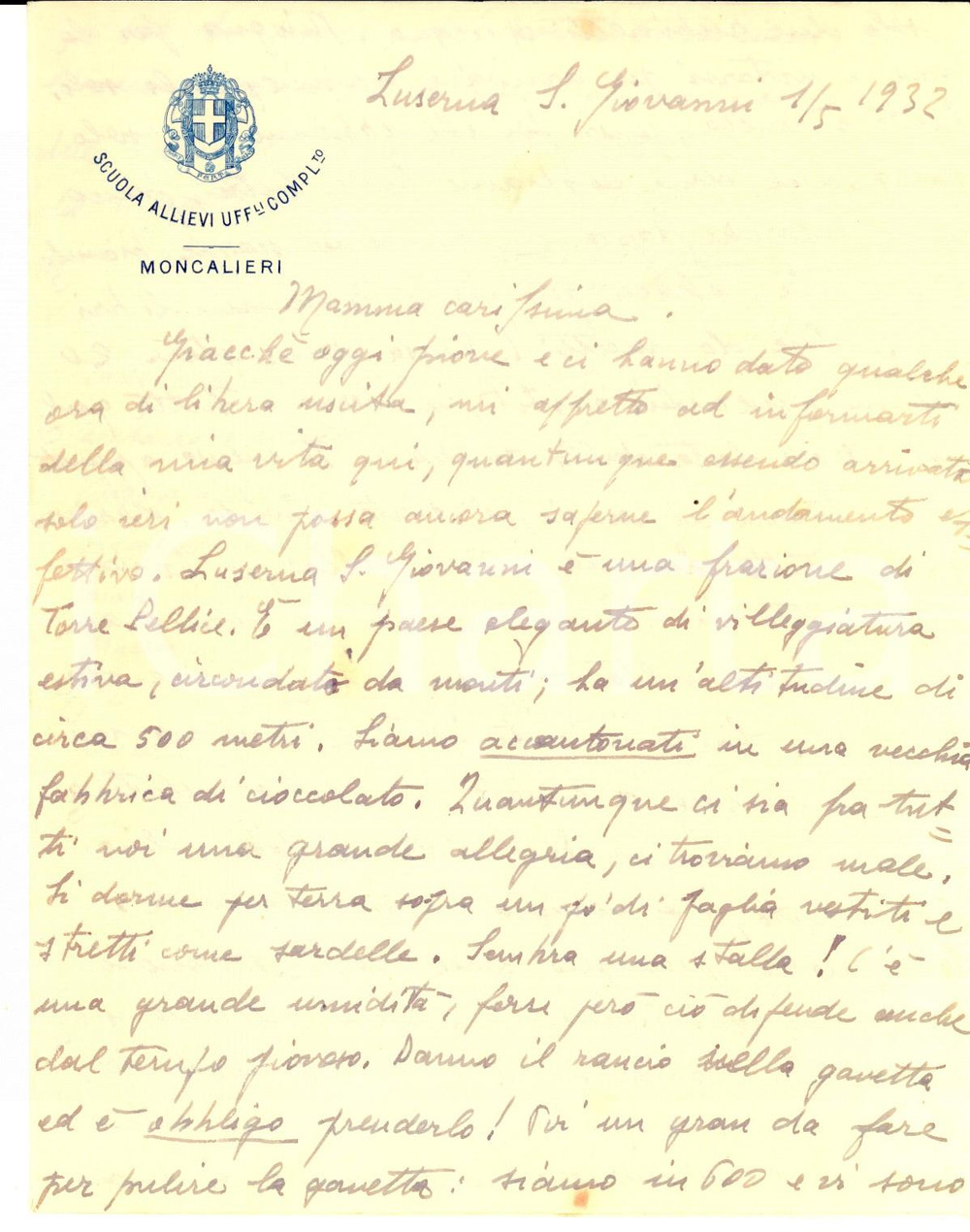 Manoscritto, lettera originale 1932 MONCALIERI Dura vita di Francesco UDESCHINI alla Scuola Allievi Ufficiali 1
