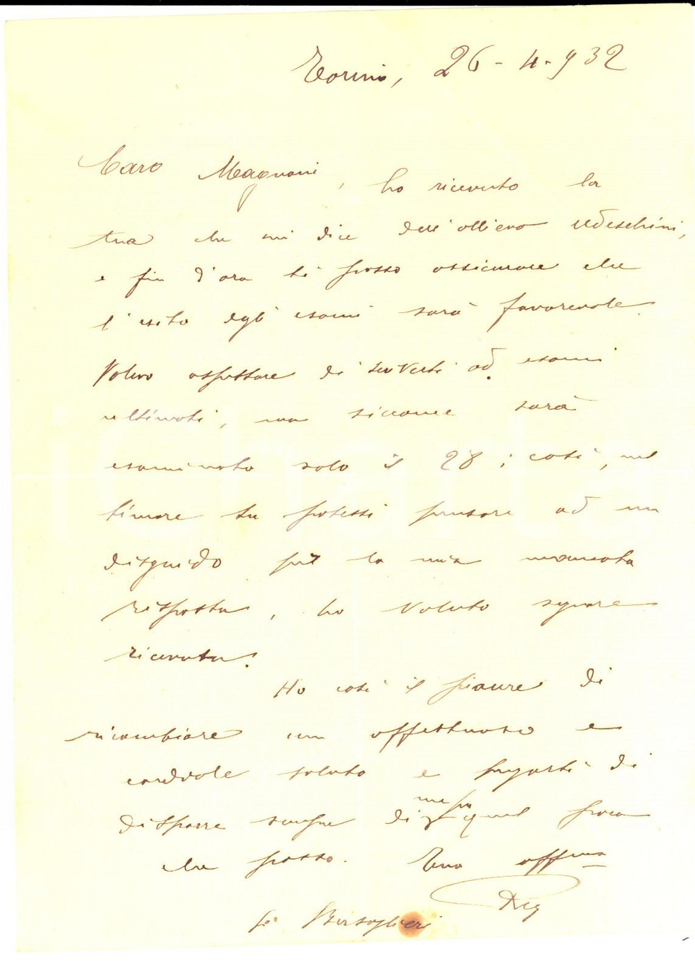 Manoscritto, lettera originale 1932 TORINO BERSAGLIERI Ufficiale REY rassicura su esami di Francesco UDESCHINI 1