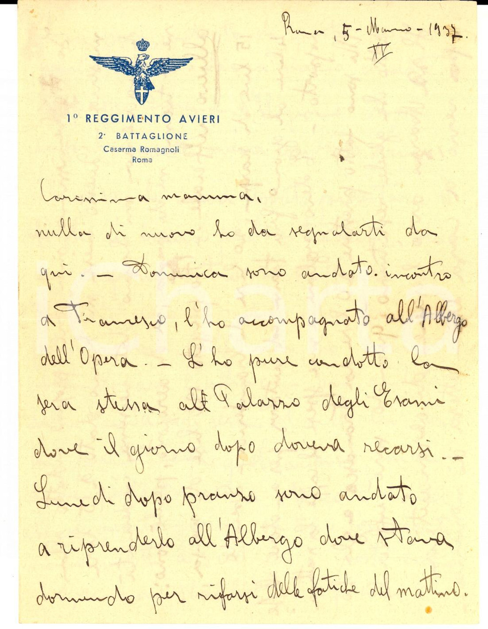 Manoscritto, lettera originale 1937 ROMA Caserma ROMAGNOLI  1° Reggimento AVIERI Lettera di allievo in miseria 1