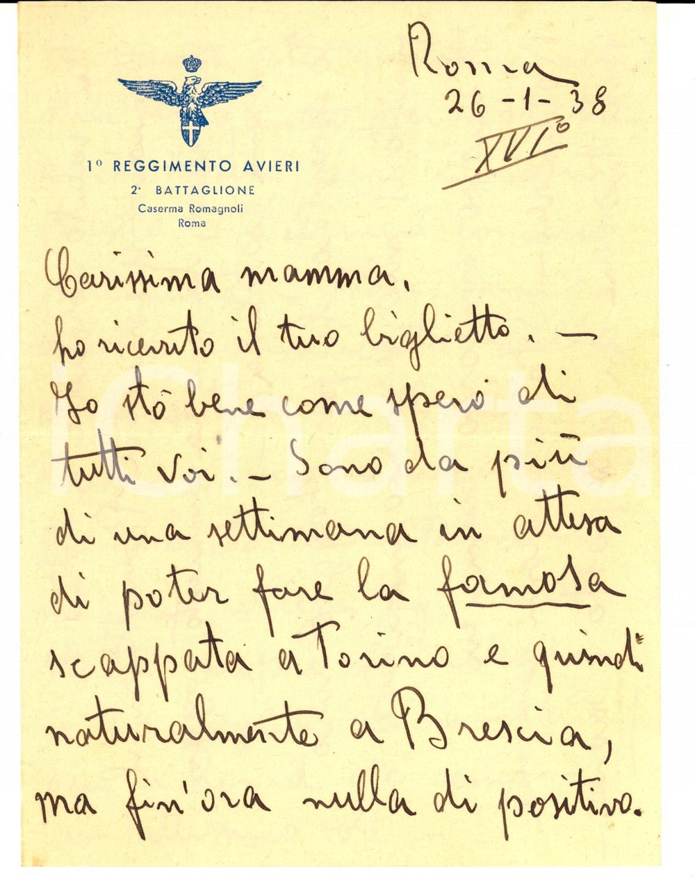 Manoscritto, lettera originale 1938 ROMA Caserma ROMAGNOLI  1° Reggimento AVIERI Lettera di allievo alla madre 1