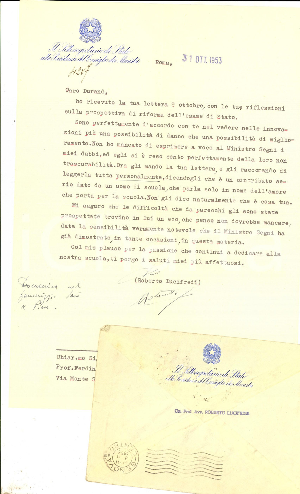 Autografo originale 1953 ROMA Roberto LUCIFREDI sulla riforma dell esame di Stato Autografo 1