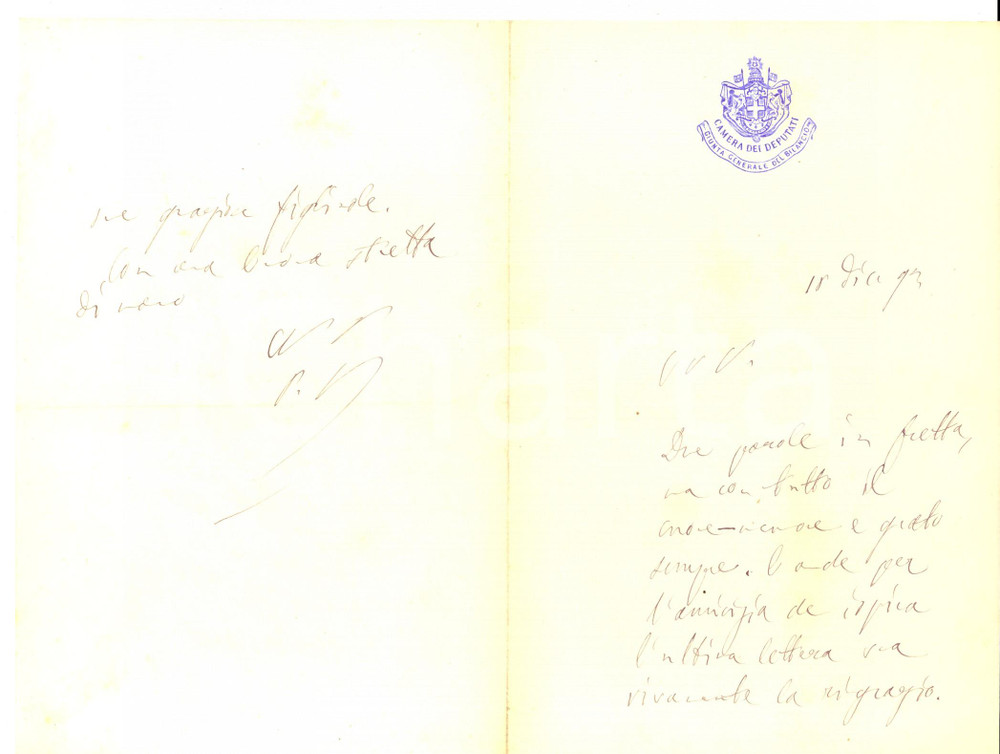Autografo originale 1893 ROMA On. Paolo BOSELLI lamenta la mancanza di tempo per scrivere AUTOGRAFO 1