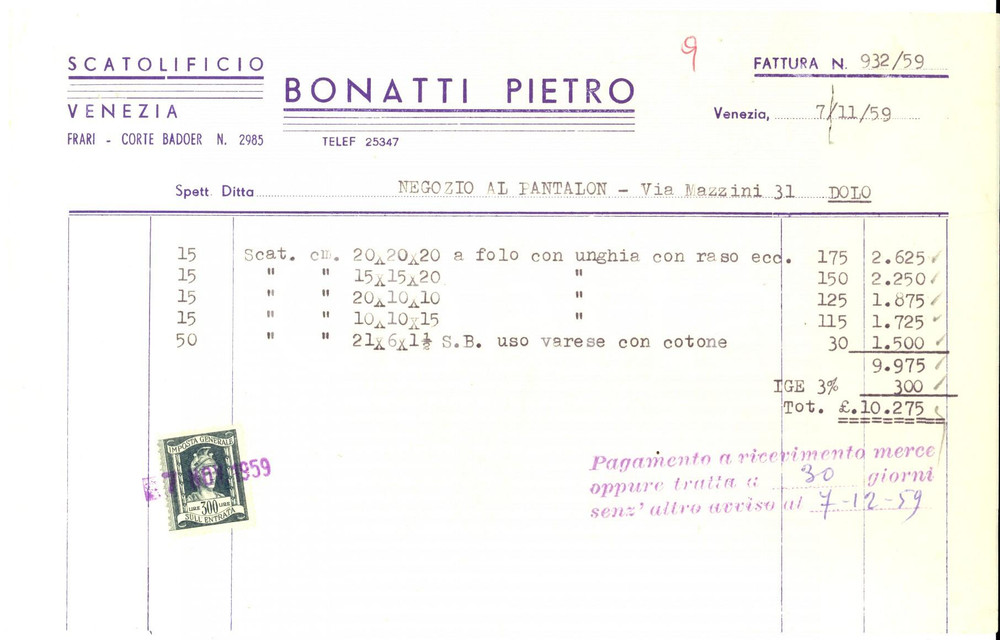 Documento originale, autentico 1959 VENEZIA Scatolificio Pietro BONATTI Fattura commerciale con bolli 1