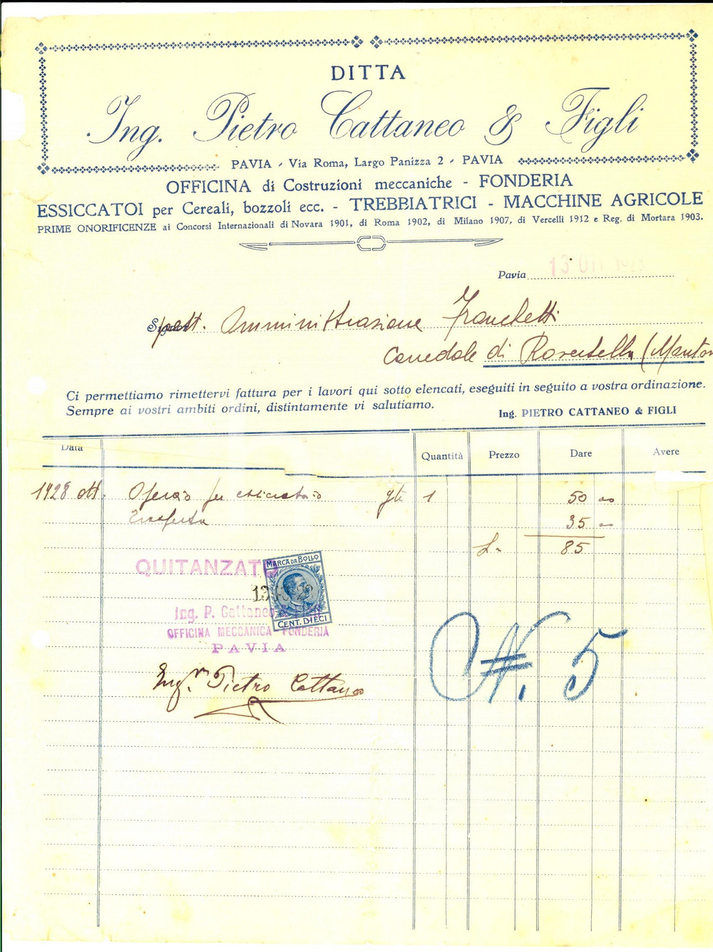 Documento originale, autentico 1928 PAVIA Ditta ing. Pietro CATTANEO Costruzioni meccaniche Fattura intestata 1