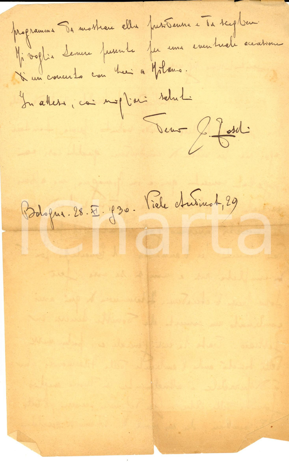 Autografo originale 1930 BOLOGNA Musicista Pietro TOSCHI aiuta una collega per concerti AUTOGRAFO 1