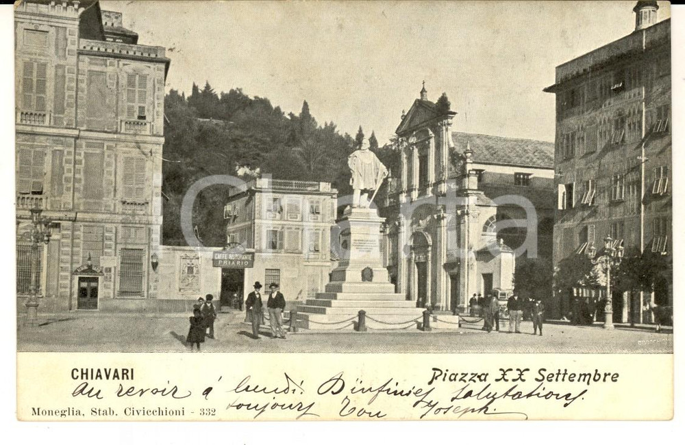 Cartolina originale da collezione 1904 CHIAVARI GE Piazza XX Settembre e CaffÃ© PRIARIO Cartolina ANIMATA FP VG 1
