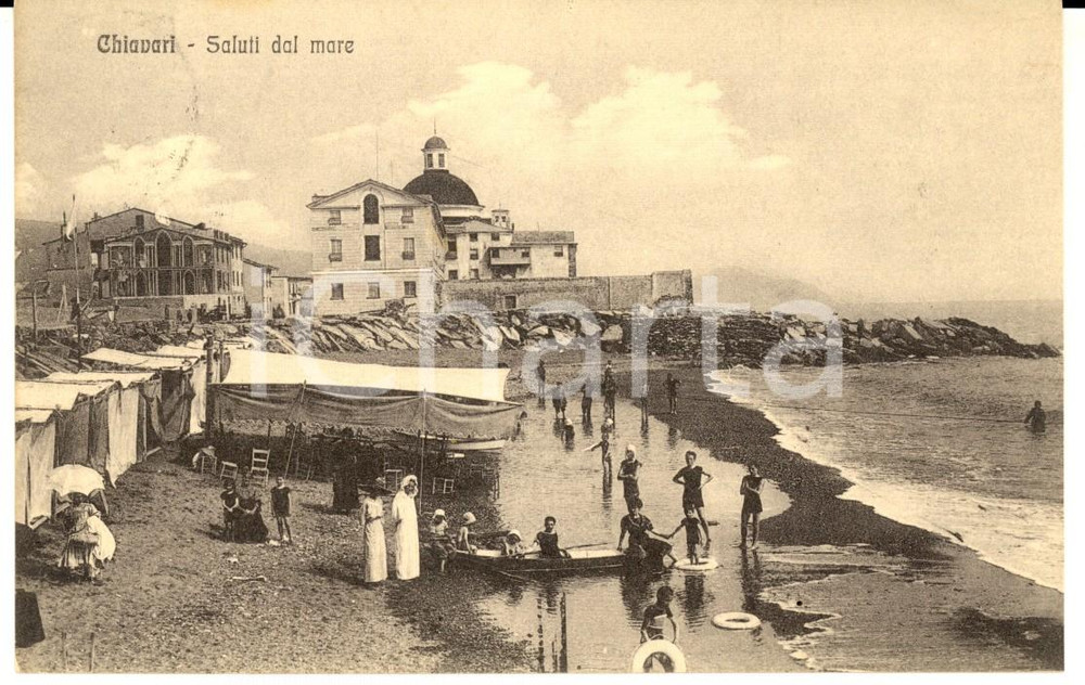 Cartolina originale da collezione 1915 CHIAVARI GE Donne e bambini ai bagni Cartolina ANIMATA FP VG 1