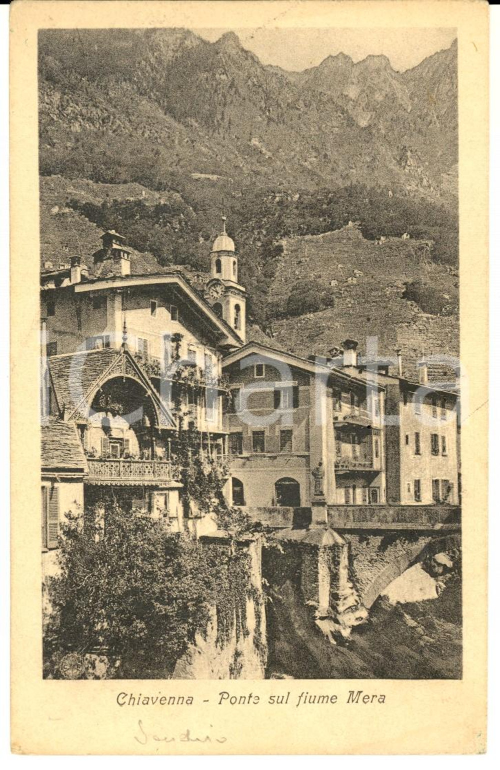 Cartolina originale da collezione 1920 ca CHIAVENNA Panorama e ponte sul fiume MERA Cartolina FP NV 1