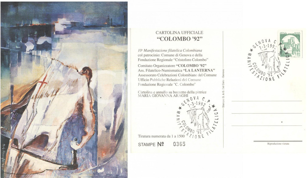 Materiale pubblicitario d’epoca GENOVA COLOMBO  92 Manifestazione filatelica Cartolina ill. ARAGHI con annullo 1