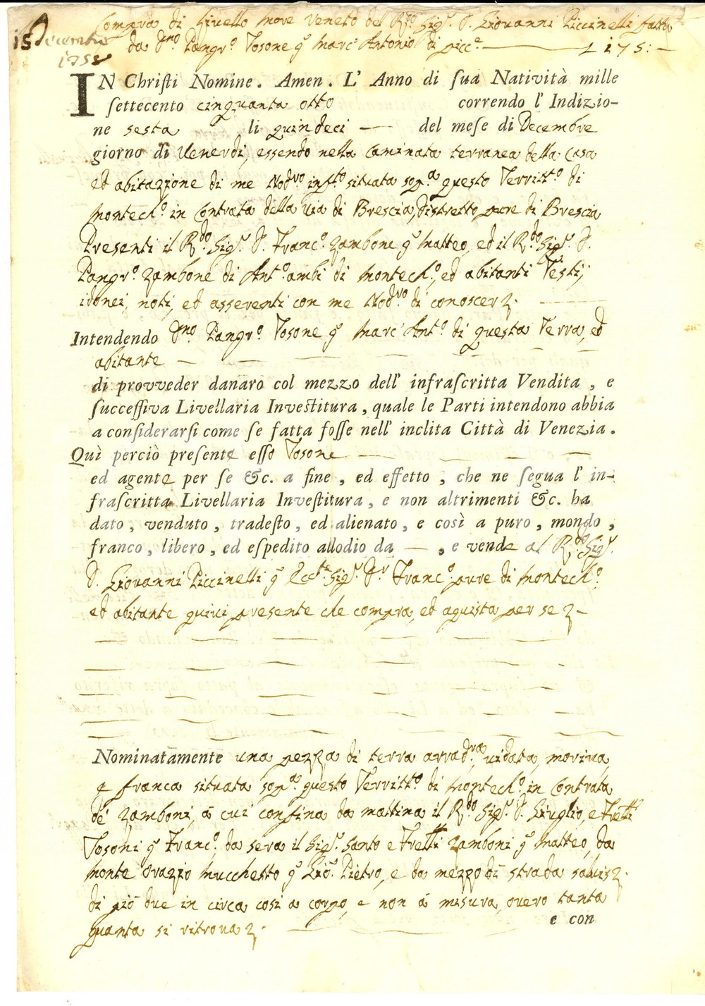 Documento originale, autentico 1758 MONTICHIARI BS Compera di livello more veneto TOSONE  PICCINELLI 1