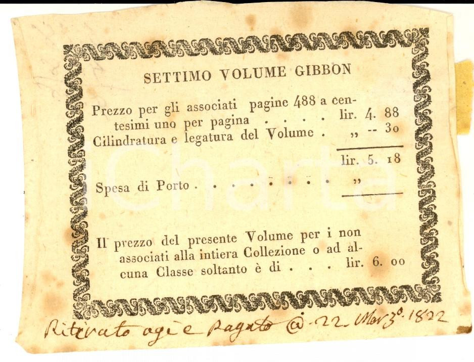 Documento originale, autentico 1822 Edward GIBBON Storia  Ricevuta abbonamento al VII volume 1