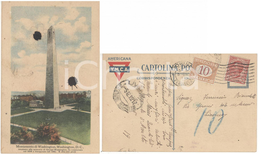 Cartolina originale da collezione 1919 AMERICANA YMCA Monumento di WASHINGTON Cartolina con SEGNATASSE 10 cent. 1