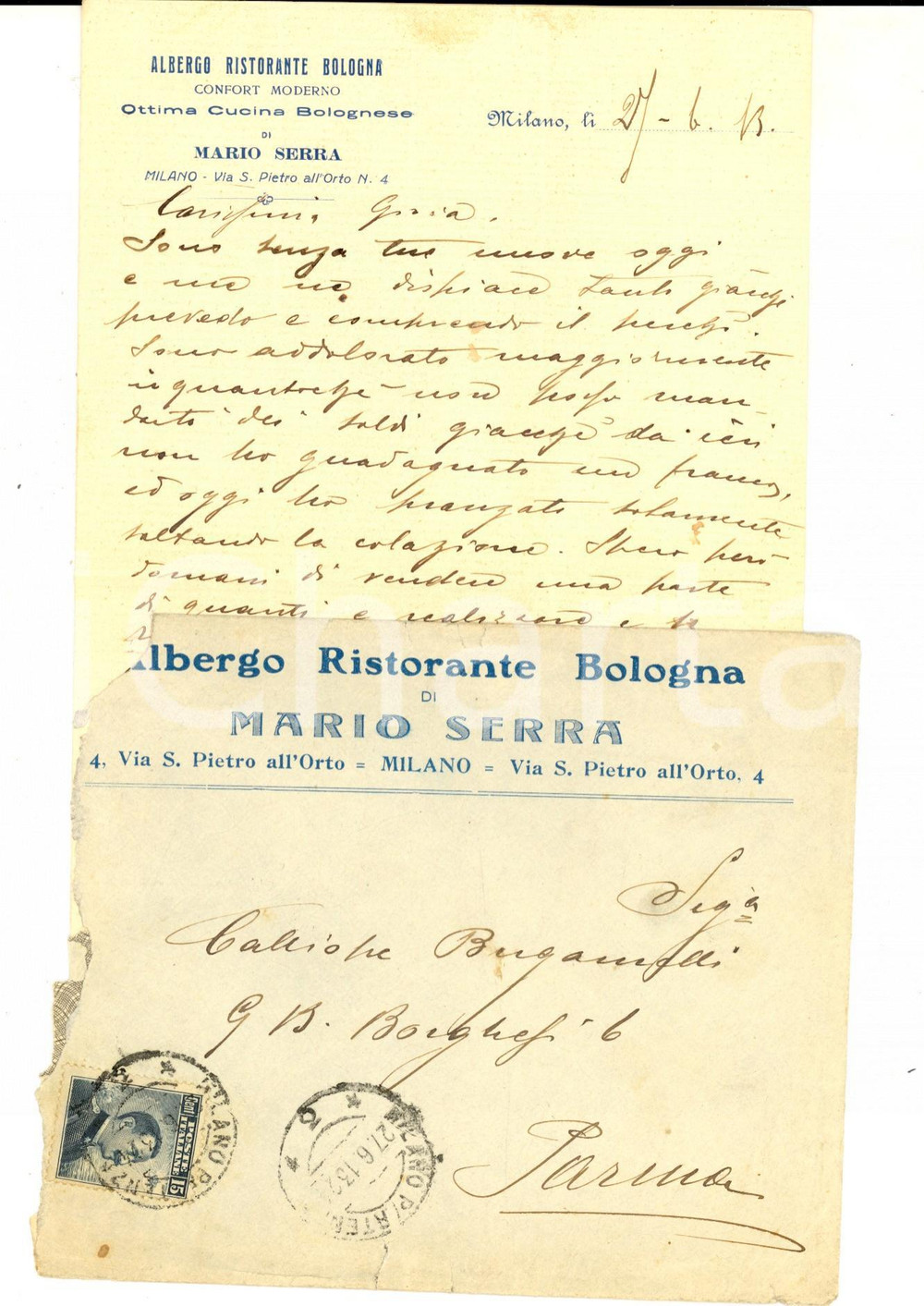 Manoscritto, lettera originale 1913 MILANO Albergo Ristorante BOLOGNA di Mario SERRA Lettera privata 1