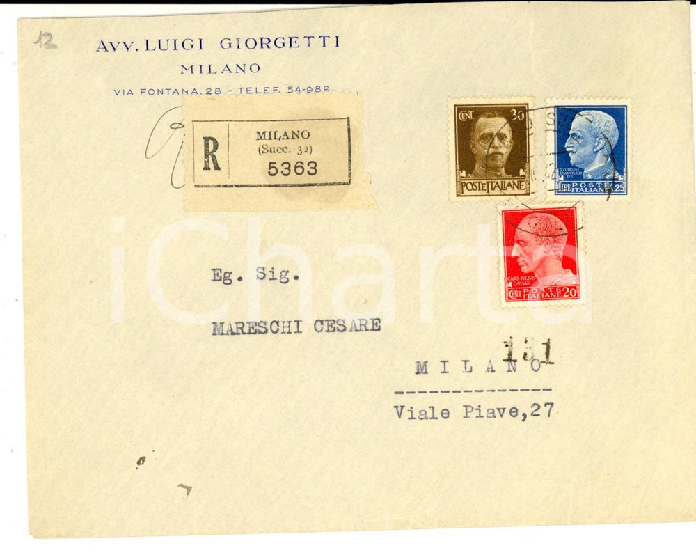 Documento originale, autentico 1942 STORIA POSTALE MILANO Busta avv. Luigi GIORGETTI Affrancatura mista 1