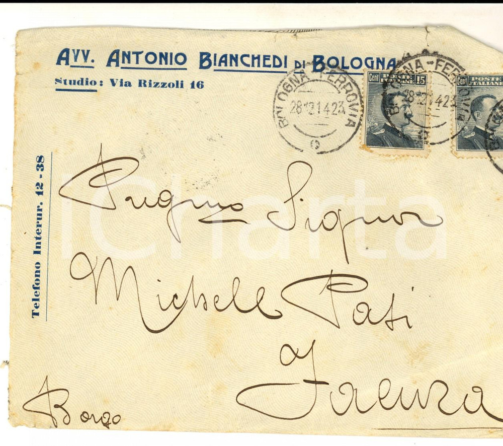 Documento originale, autentico 1942 STORIA POSTALE BOLOGNA Busta avv. Antonio BIANCHEDI Affrancatura 15 cent. 1