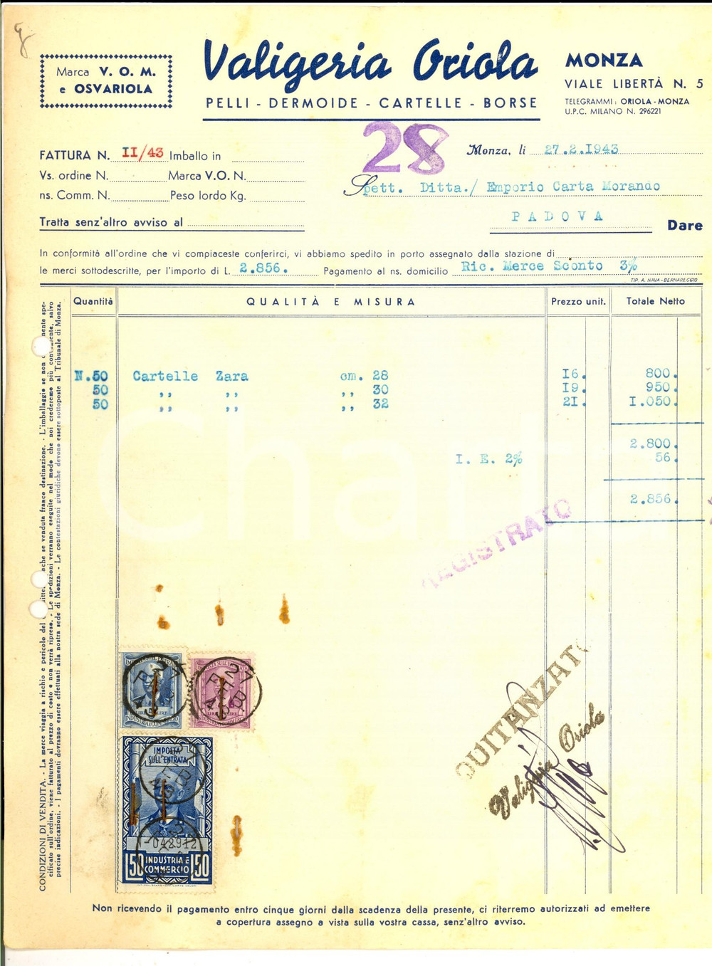 Documento originale, autentico 1943 MONZA Valigeria ORIOLA  Pelli  dermoide Fattura commerciale con bolli 1