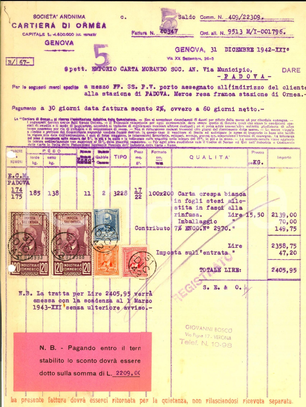 Documento originale, autentico 1942 GENOVA SocietÃ  Anonima Cartiera di ORMEA Fattura intestata con bolli 1