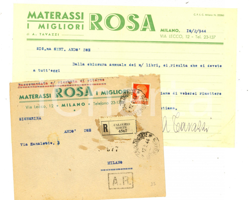 Manoscritto, lettera originale 1944 RSI MILANO Lettera con busta pubblicitaria MATERASSI ROSA Raccomandata 1