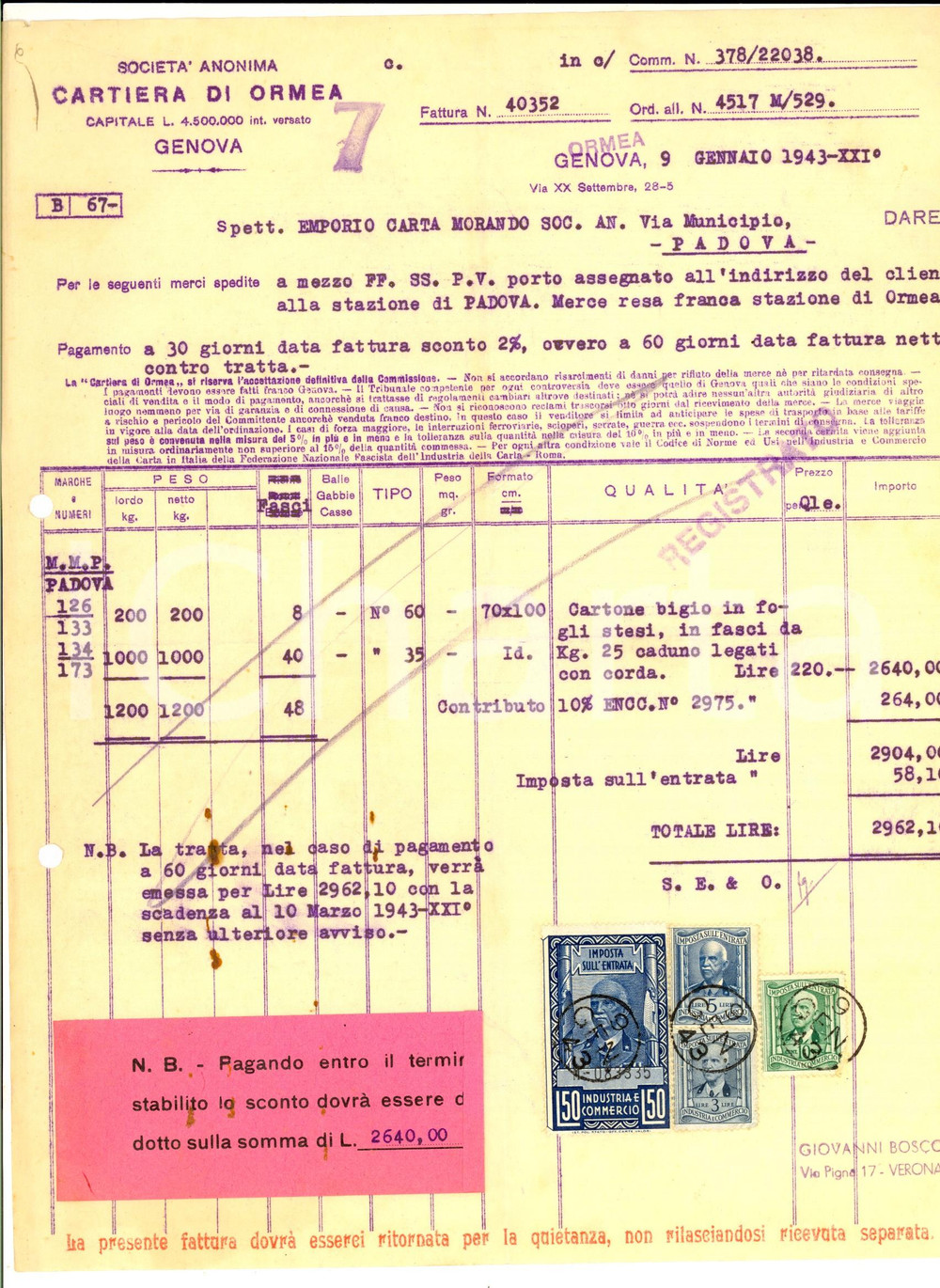 Documento originale, autentico 1943 GENOVA SocietÃ  Anonima Cartiera di ORMEA Fattura intestata con bolli 1