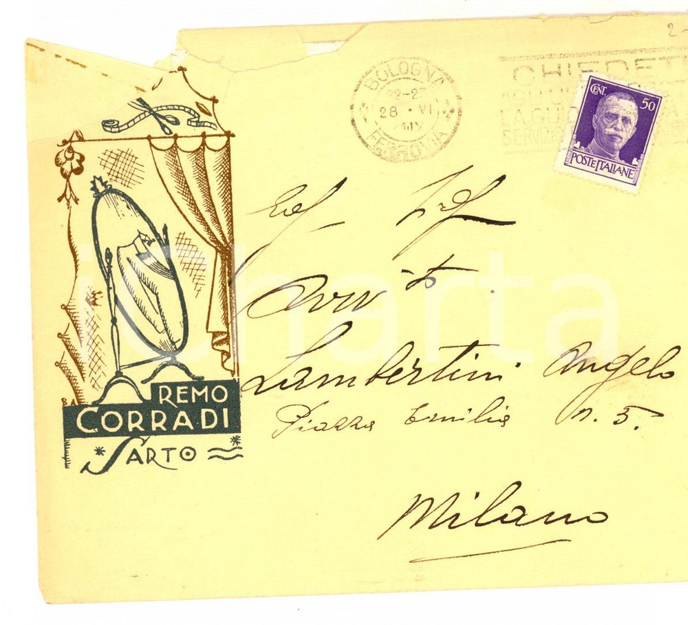 Documento originale, autentico 1928 STORIA POSTALE REGNO BOLOGNA Busta intestata Remo CORRADI sarto 1