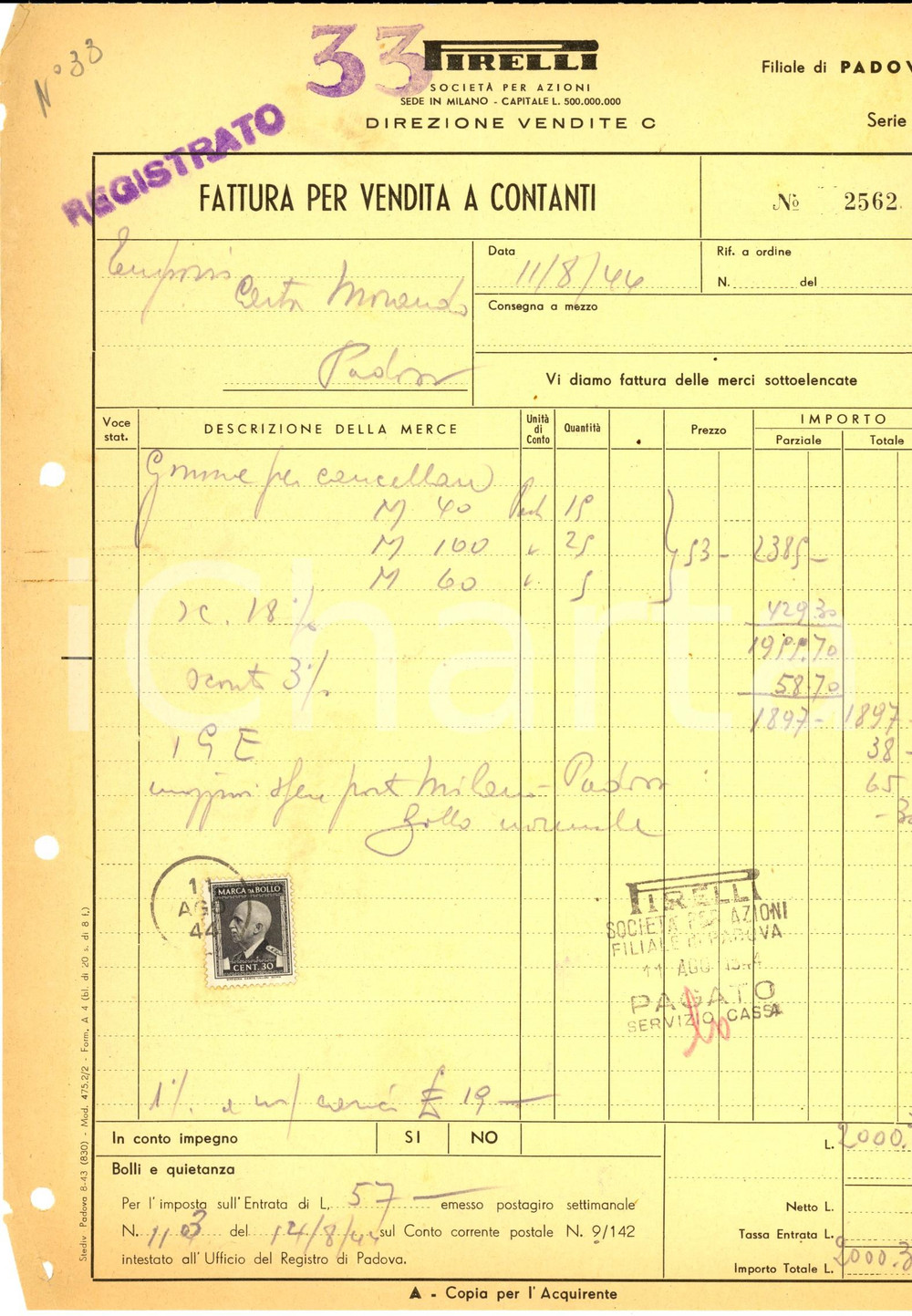 Documento originale, autentico 1944 WW2 PADOVA SocietÃ  PIRELLI Fattura intestata per gomme per cancellare 1